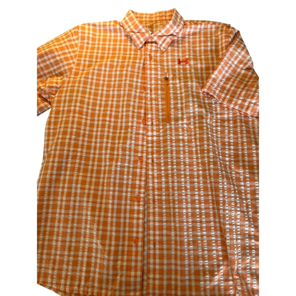 Under Armour Mens Orange Gingham Short Sleeve Golf Shirt HeatGear Size LG